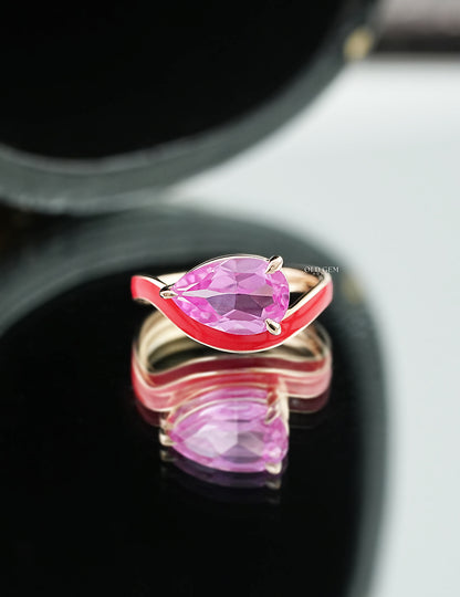 Pink Pear Lab Gemstone Curved Ring