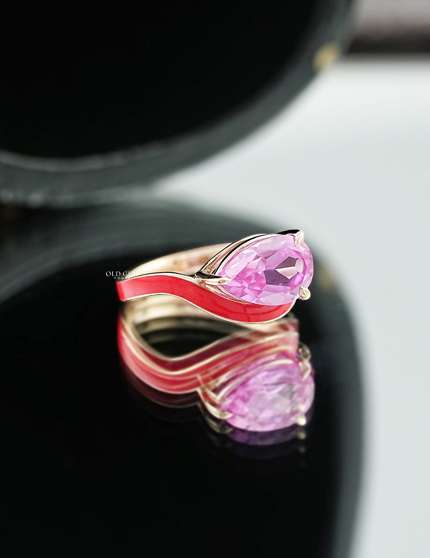 Pink Pear Lab Gemstone Curved Ring