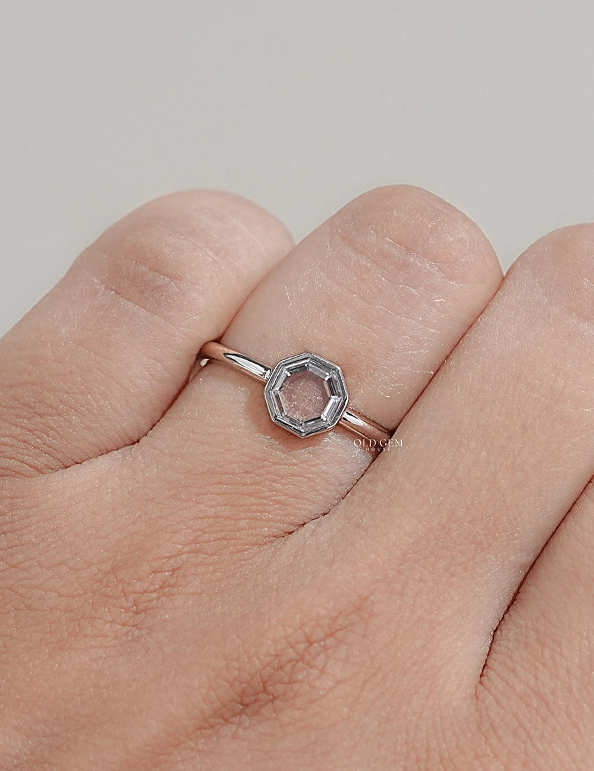 Mid Century Bezel Set Portrait Octagon Solitaire Ring Engagement Ring