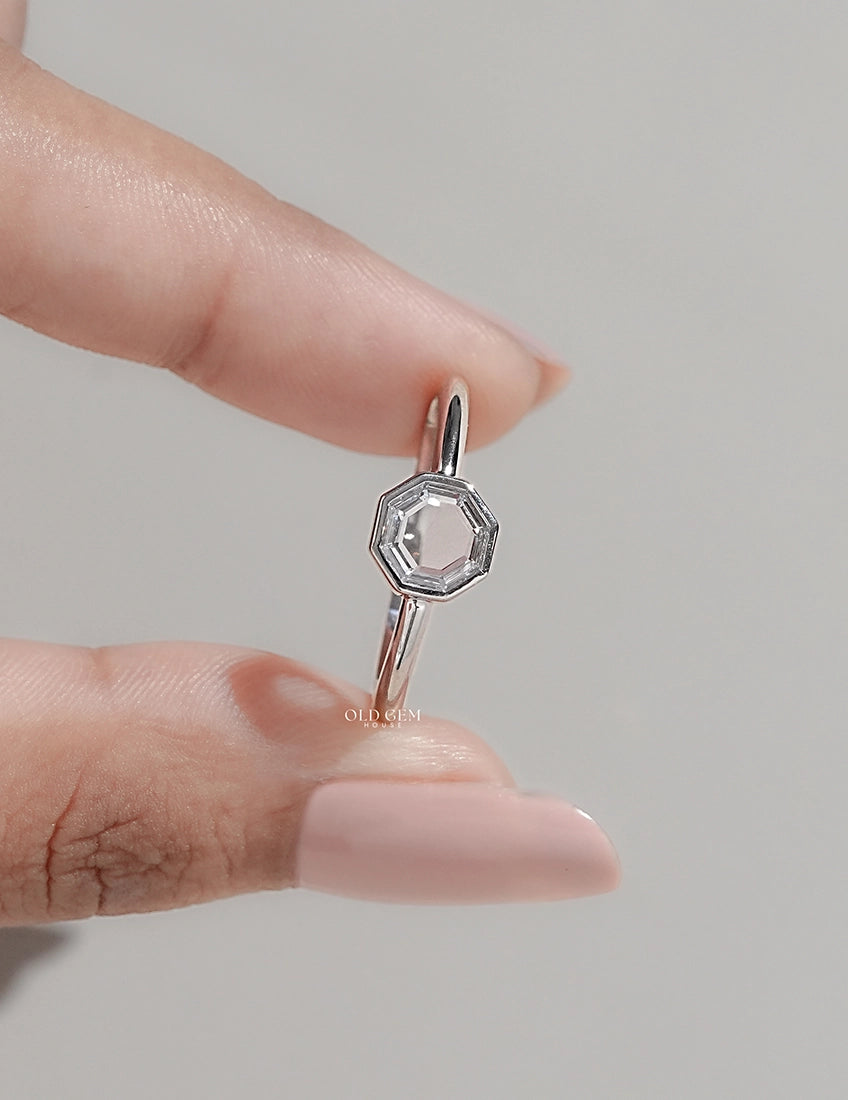 Mid Century Bezel Set Portrait Octagon Solitaire Ring Engagement Ring