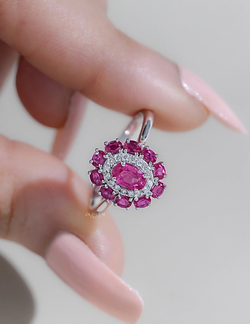Art Deco Oval Ruby Gemstone Double Halo Engagement Ring Engagement Ring