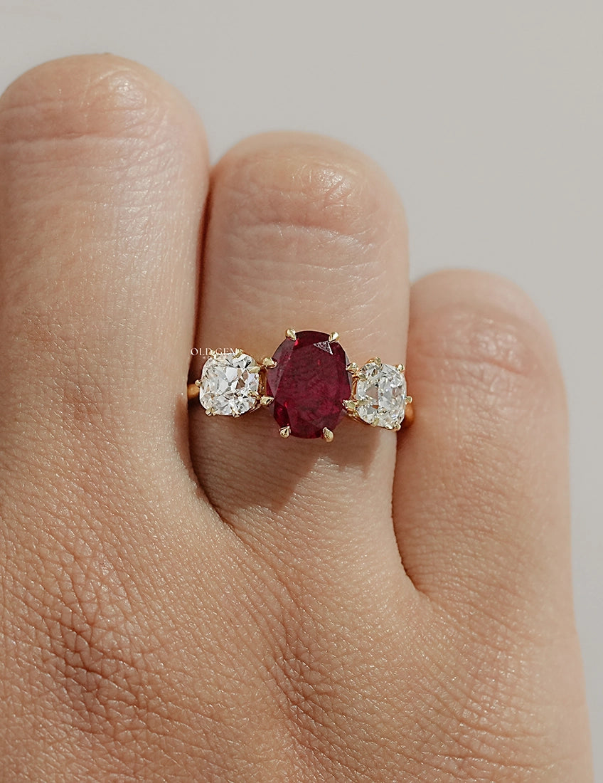 Edwardian Oval Ruby Three Stone Diamond Ring Engagement Ring