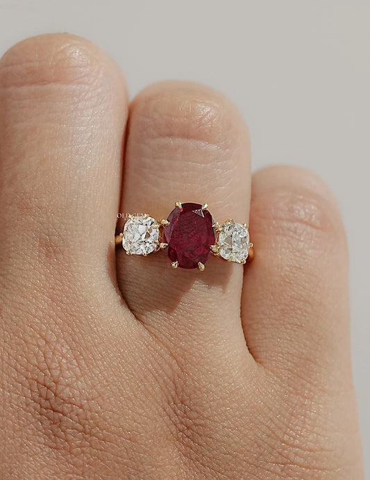 Edwardian Oval Ruby Three Stone Diamond Ring Engagement Ring