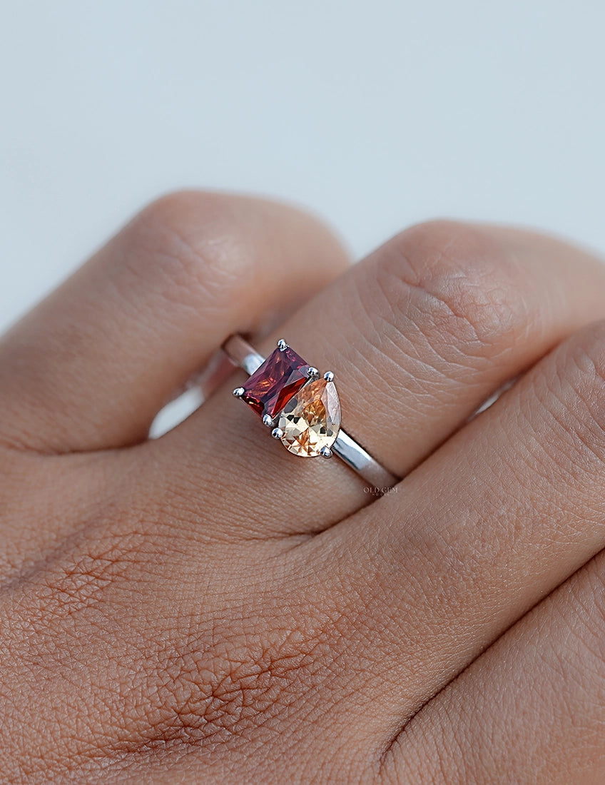 Retro Inspired Radiant And Pear Gemstone Toi Et Moi Ring Engagement Ring