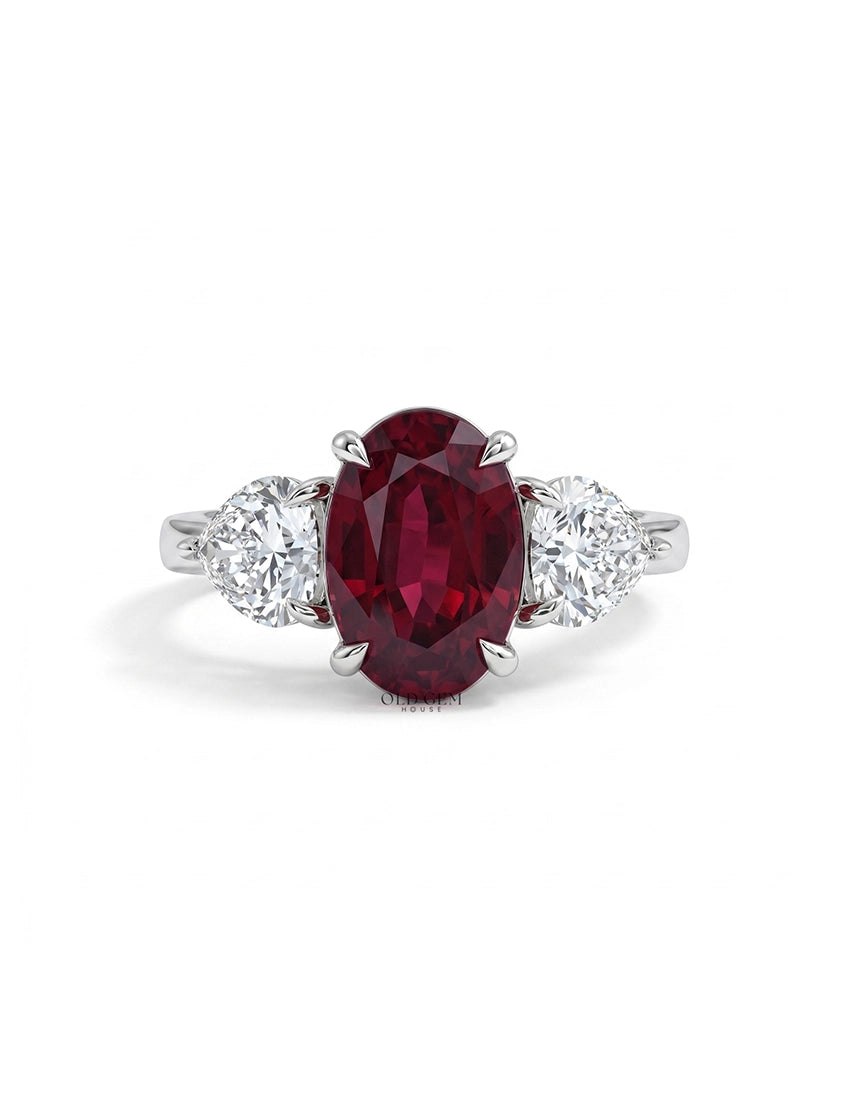 Edwardian Oval Ruby Gemstone Three Stone Ring Engagement Ring