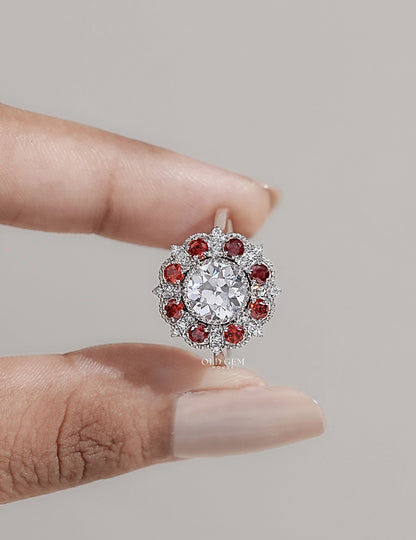 Georgian OEC Round Red Gemstone Halo Engagement Ring Engagement Ring