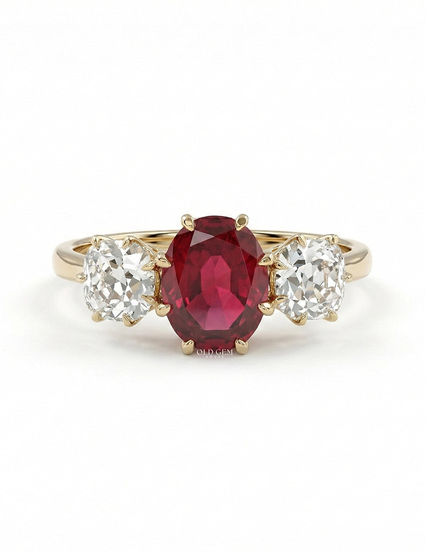 Edwardian Oval Ruby Three Stone Diamond Ring Engagement Ring