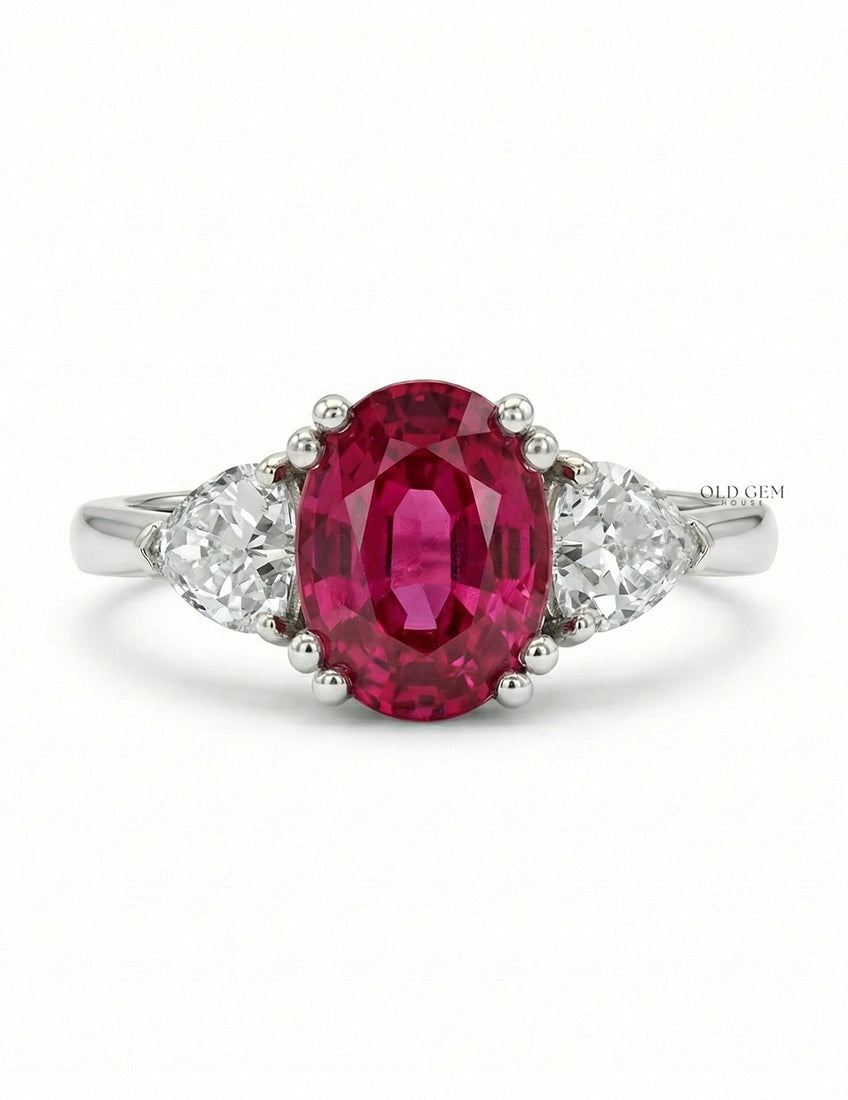 Red Gemstone Oval Cut Three Stone Engagement Ring Engagement Ring