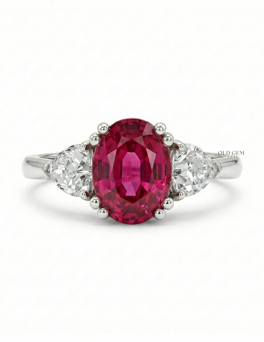 Red Gemstone Oval Cut Three Stone Ring - Edwardian Engagement Ring