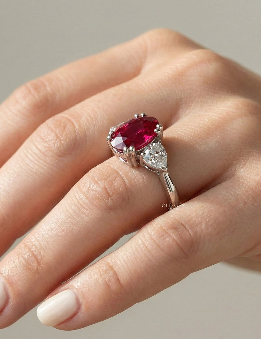 Red Gemstone Oval Cut Three Stone Engagement Ring Engagement Ring