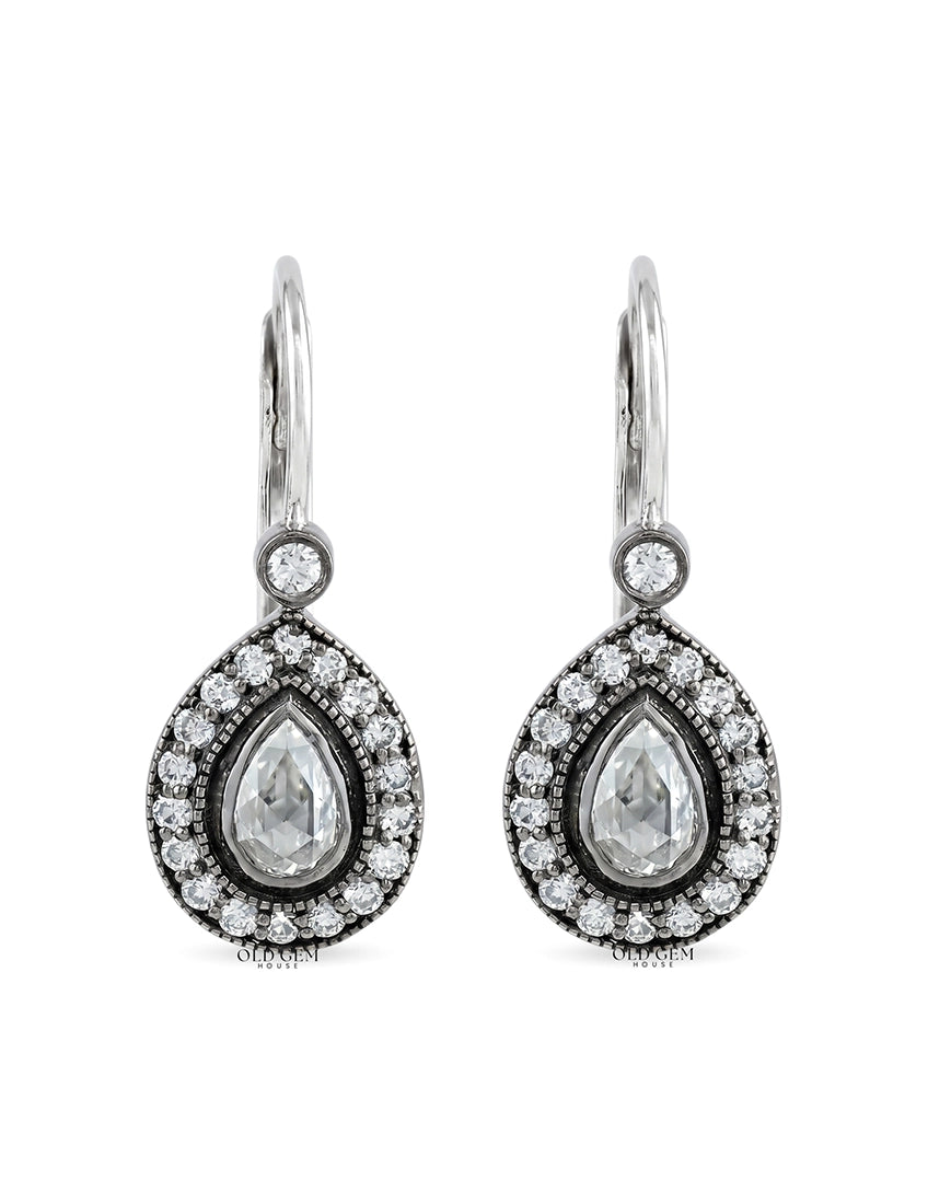 Rose Cut Pear Lab Diamond Halo Drop Earrings Earrings
