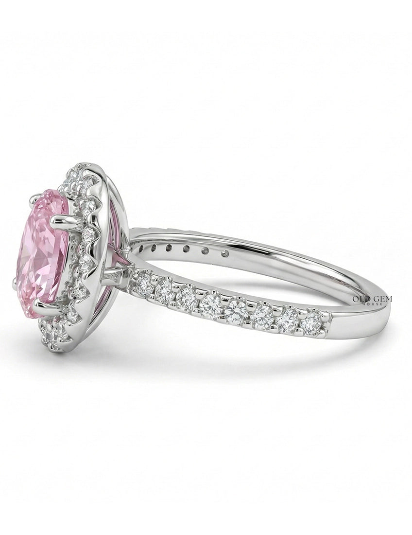 Edwardian Style Pink Oval Gemstone Halo Accent Ring Engagement Ring