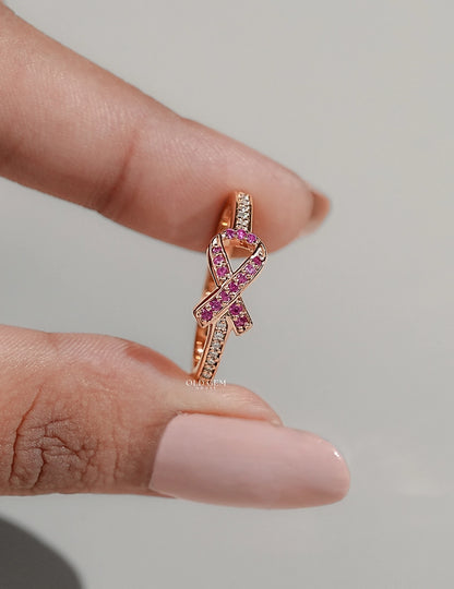 Edwardian Pink Round Gemstone Cancer Ribbon Accent Ring Engagement Ring