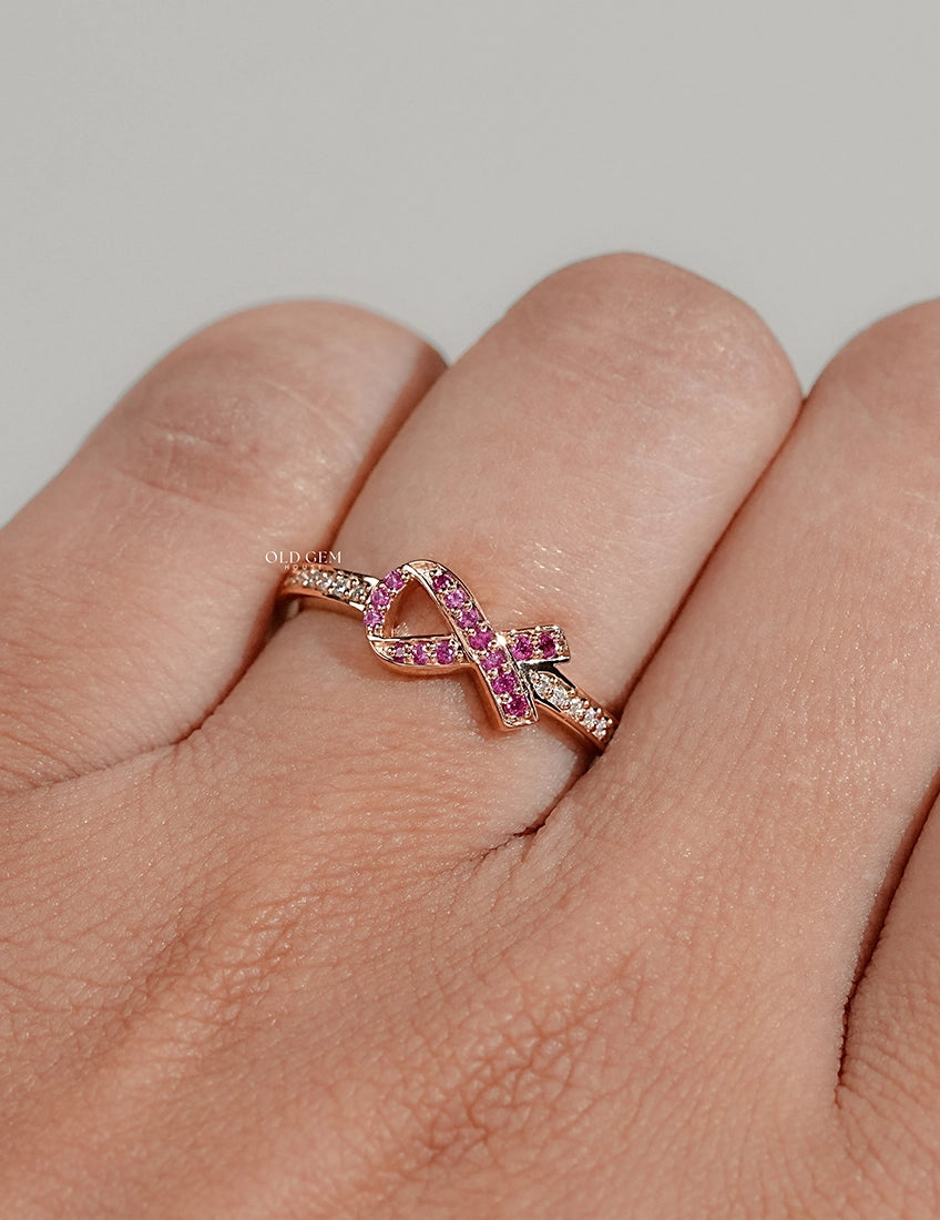 Edwardian Pink Round Gemstone Cancer Ribbon Accent Ring Engagement Ring
