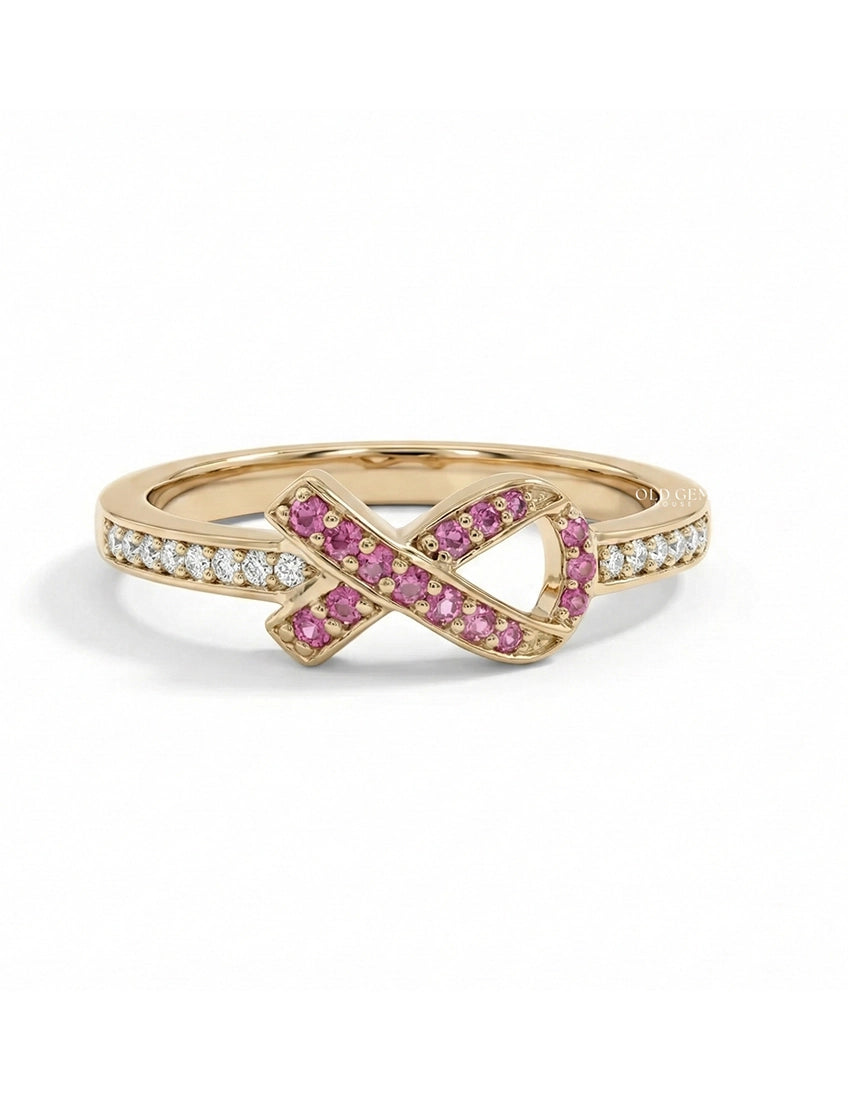 Edwardian Pink Round Gemstone Cancer Ribbon Accent Ring Engagement Ring