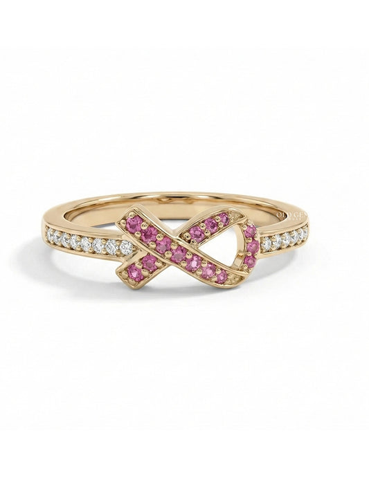 Edwardian Pink Round Gemstone Cancer Ribbon Accent Ring Engagement Ring