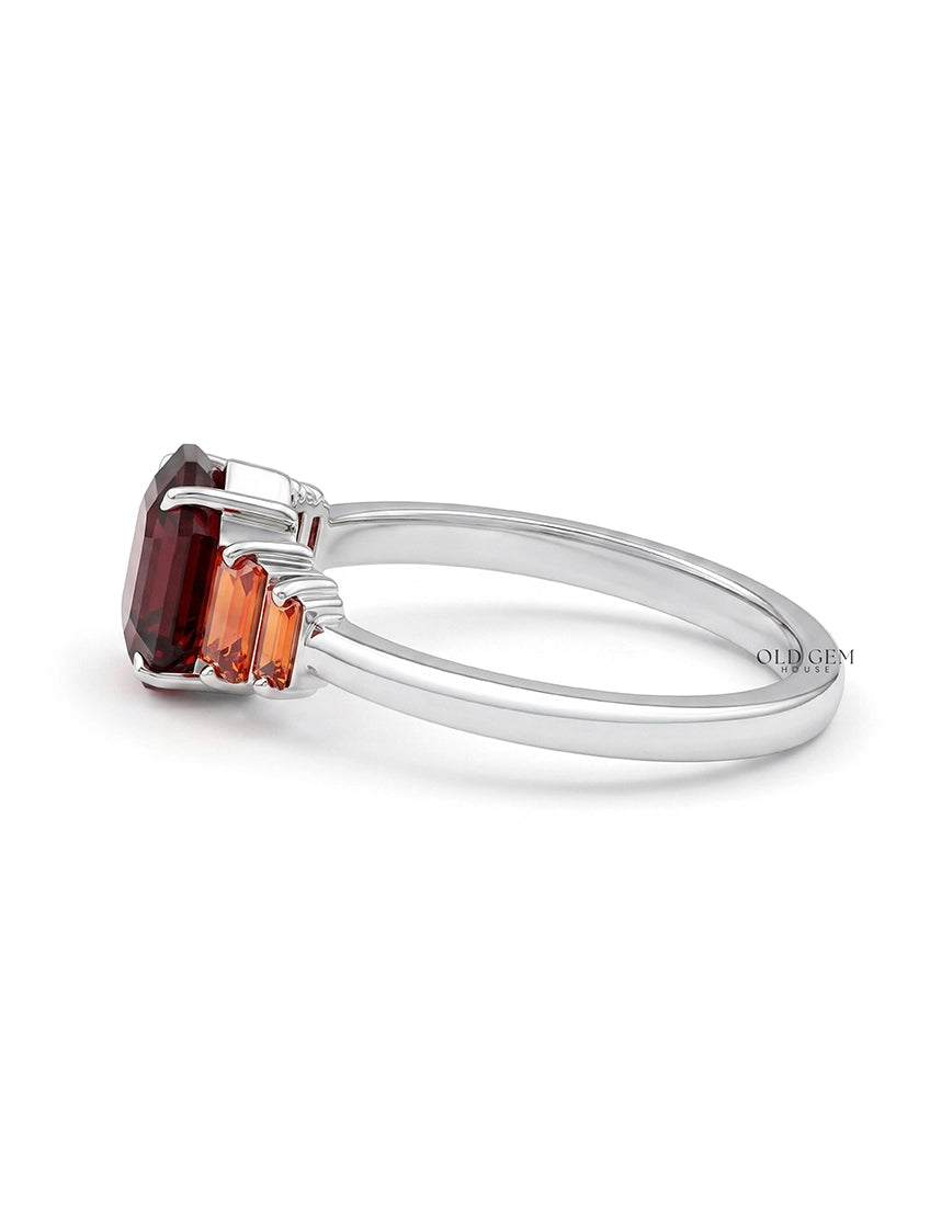 Art Deco Red Gemstone Hexagon Cut Five Stone Ring Wedding Band