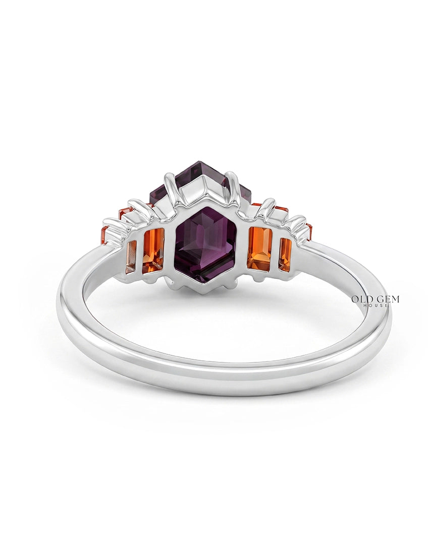 Art Deco Red Gemstone Hexagon Cut Five Stone Ring Wedding Band