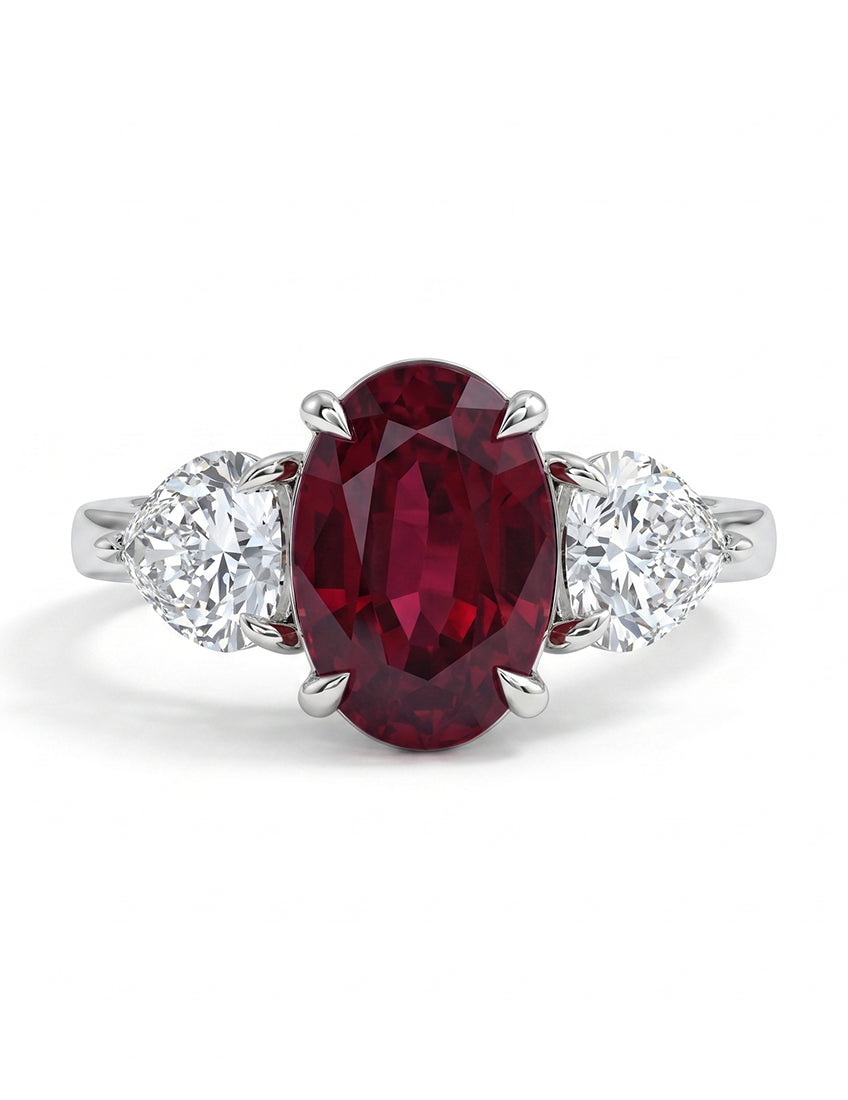 Edwardian Oval Ruby Gemstone Three Stone Ring Engagement Ring