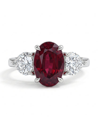 Edwardian Oval Ruby Gemstone Three Stone Ring Engagement Ring