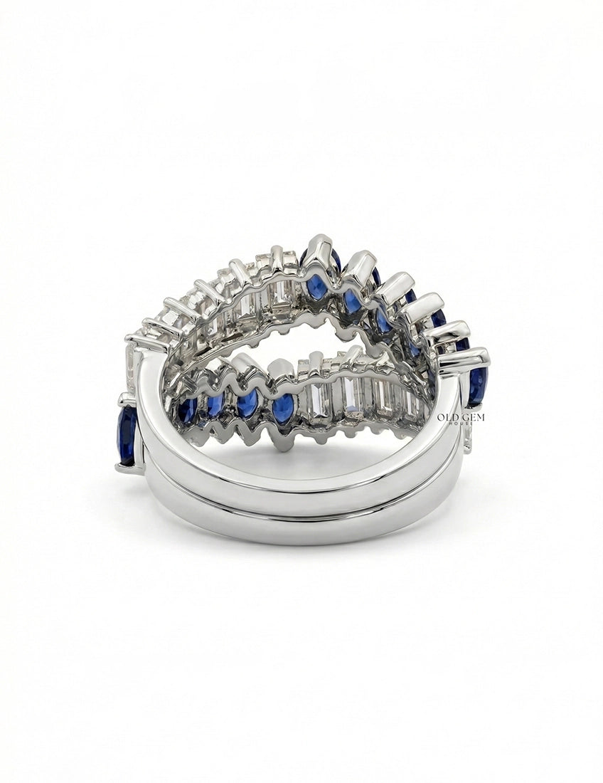 Double Row Marquise Blue Sapphire Gemstone Enhancer Ring Wedding Band