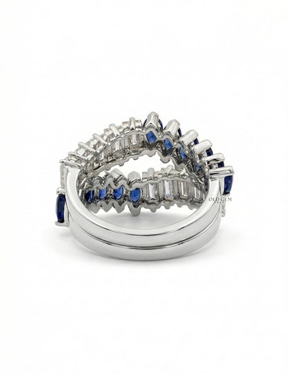 Double Row Marquise Blue Sapphire Gemstone Enhancer Ring Wedding Band