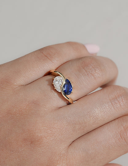 Two Stone Sapphire Modified Pear Gemstone Curved Ring