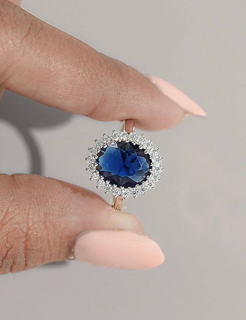 Art Deco Sapphire Oval Gemstone Halo Engagement Ring Engagement Ring