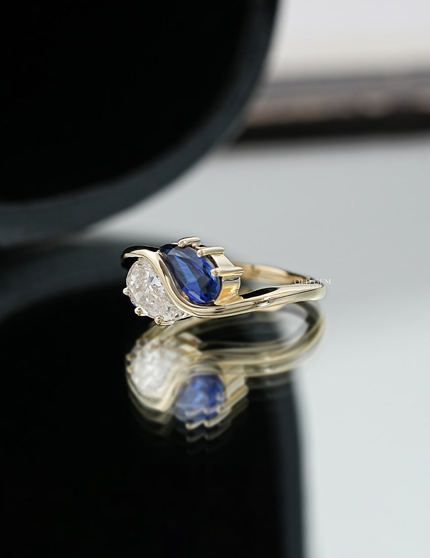 Two Stone Sapphire Modified Pear Gemstone Curved Ring