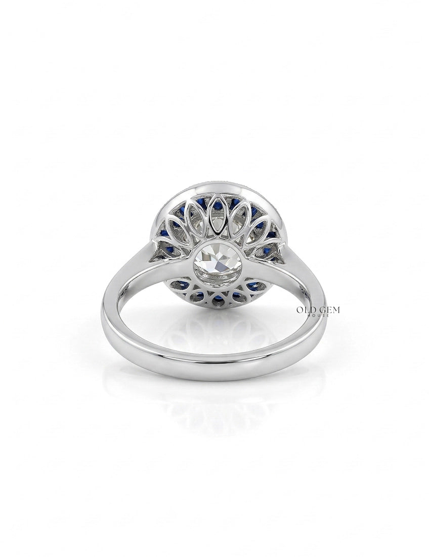 Art Deco OEC Round Diamond Sapphire Halo Engagement Ring Engagement Ring
