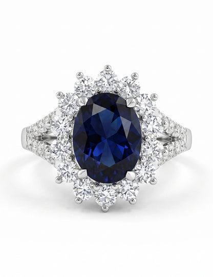 Retro Blue Sapphire Oval Cut Halo Accent Ring Engagement Ring