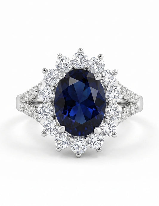 Retro Blue Sapphire Oval Cut Halo Accent Ring Engagement Ring