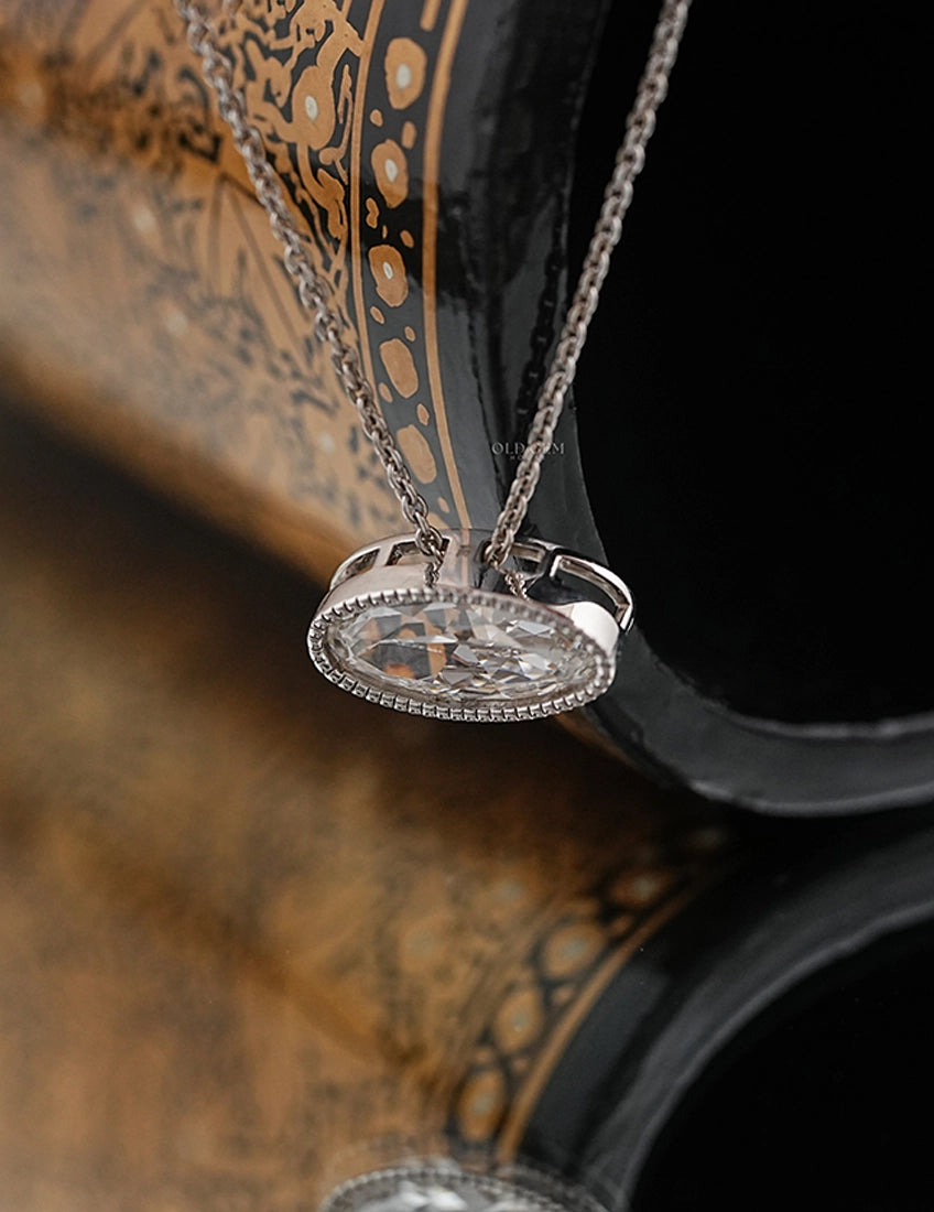 Old Mine Moval Lab Diamond Milgrain Set Pendant Necklaces