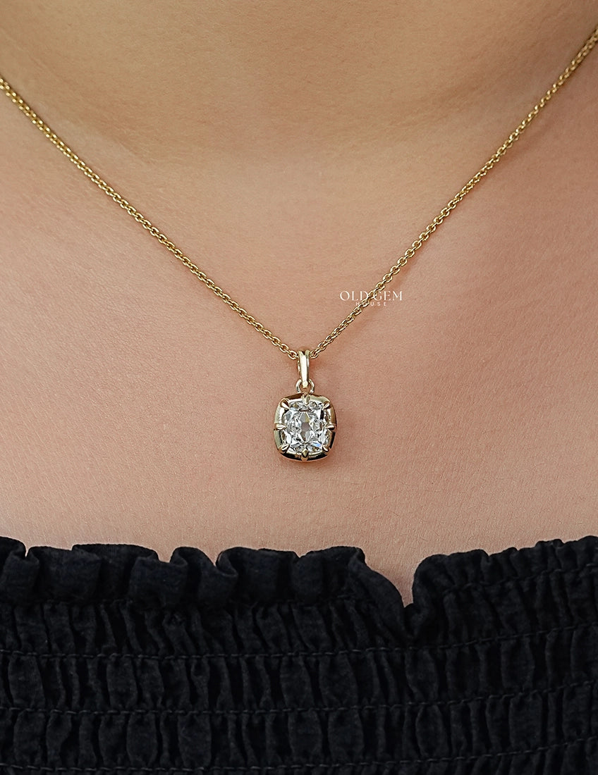 Vintage Style Square Old Mine Cushion Diamond Pendant Necklaces