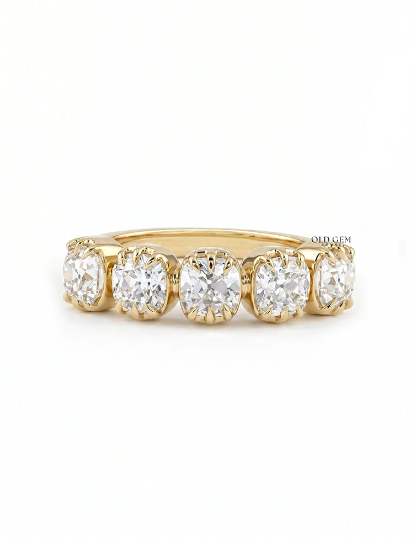 Georgian Square Old Mine Cushion Lab Diamond Five Stone Ring Wedding Band