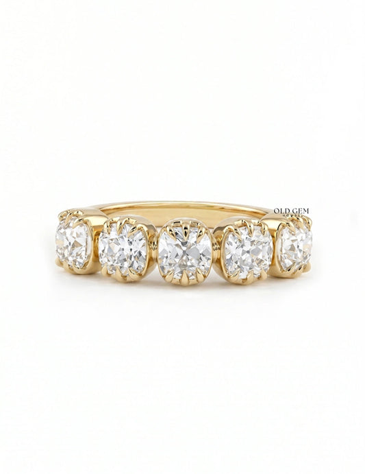 Georgian Square Old Mine Cushion Lab Diamond Five Stone Ring Wedding Band