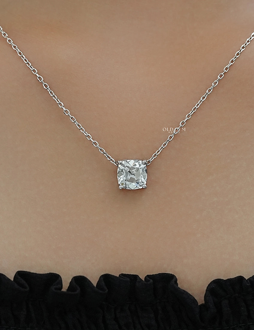 Square Old Mine Cushion Lab Solitaire Pendant Necklaces