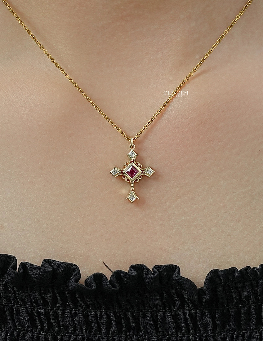 Red Gemstone Princess Cut Criss Cross Pendant Necklaces
