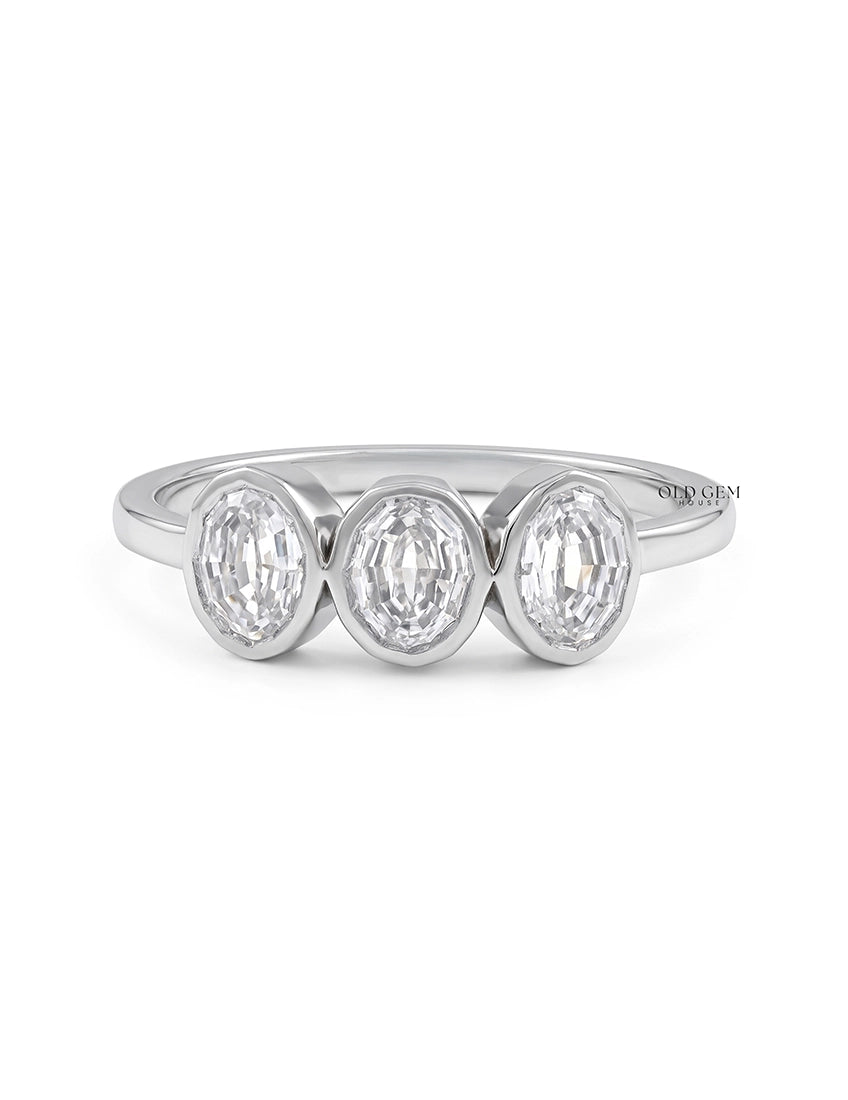 Edwardian Step Cut Oval Bezel Set Three Stone Ring Engagement Ring
