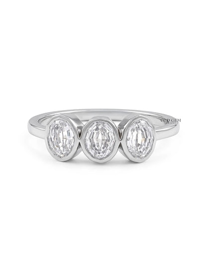 Edwardian Step Cut Oval Bezel Set Three Stone Ring Engagement Ring