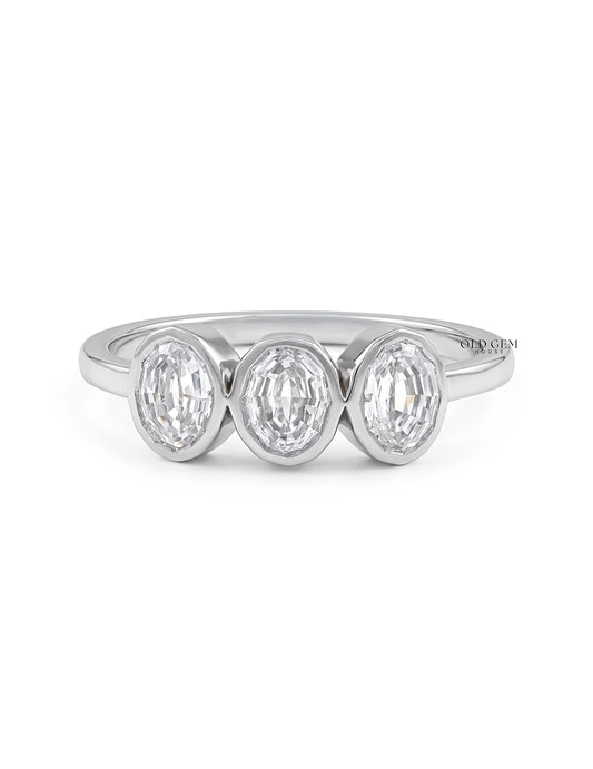 Edwardian Step Cut Oval Bezel Set Three Stone Ring Engagement Ring