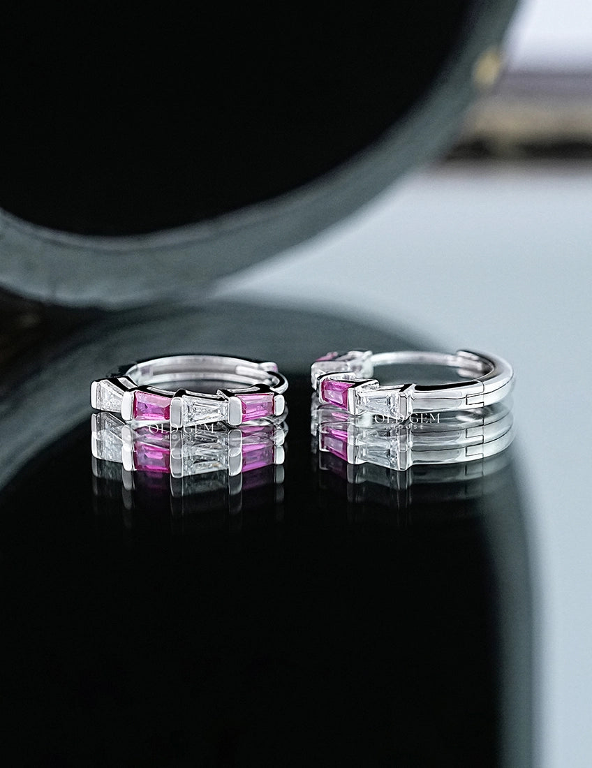 Tapped Baguette Cut Pink Gemstone And Lab Diamond Huggie Hoop
