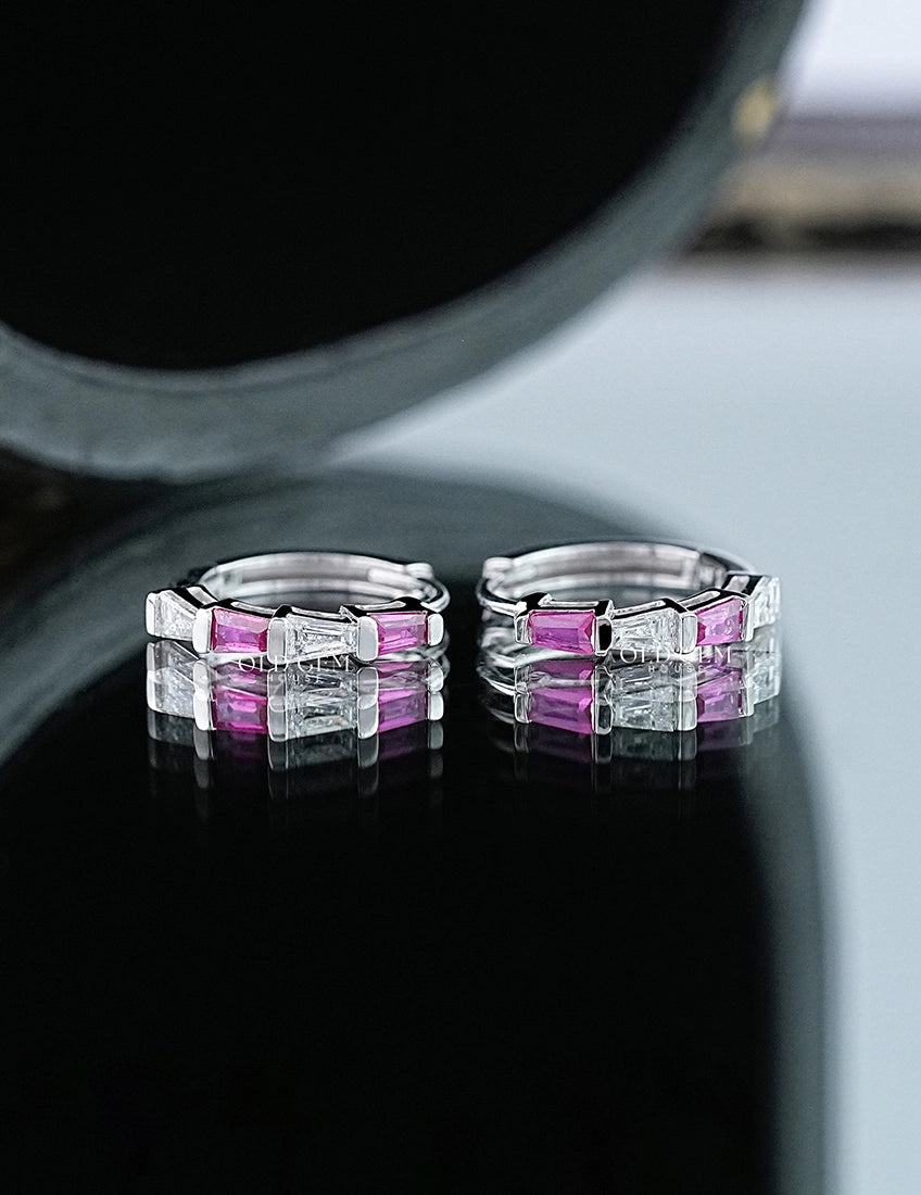 Tappered Baguette Cut Pink Gemstone Hoop Earring Earrings
