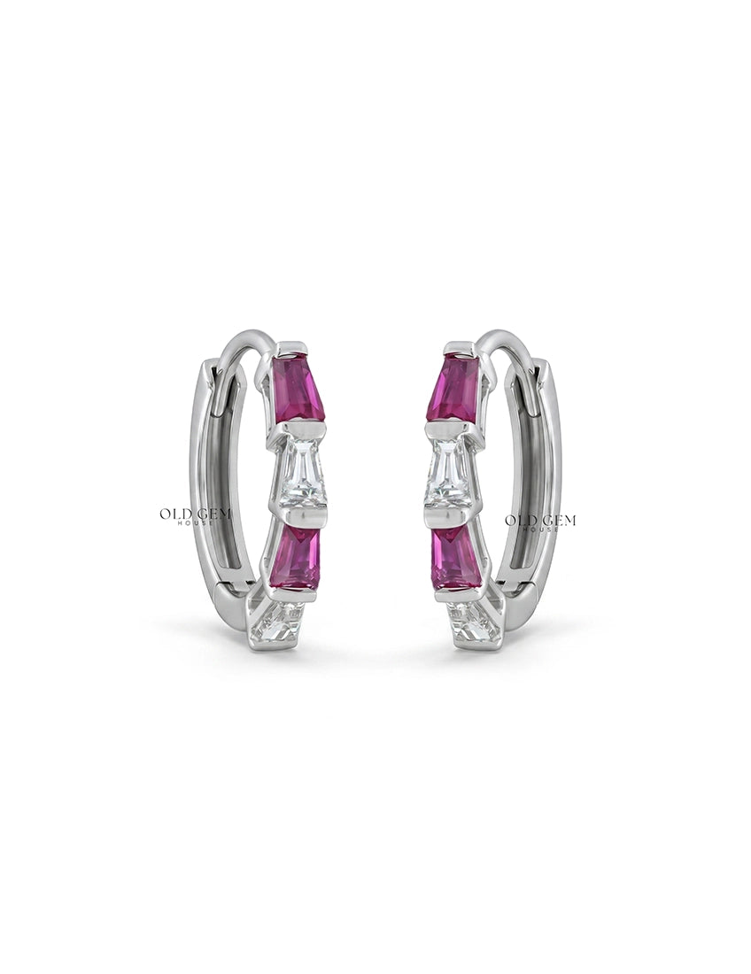 Tappered Baguette Cut Pink Gemstone Hoop Earring Earrings