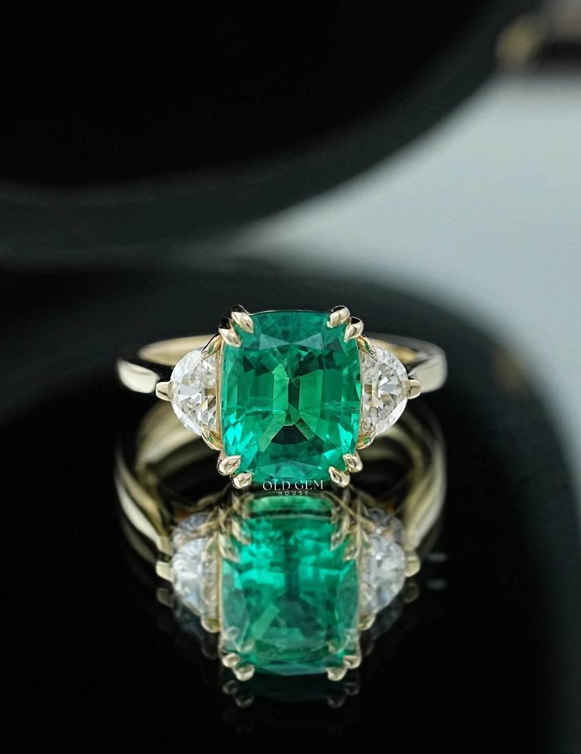 Art Deco Emerald Cushion Cut Diamond Three Stone Ring Engagement Ring