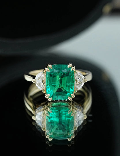 Art Deco Emerald Cushion Cut Diamond Three Stone Ring Engagement Ring
