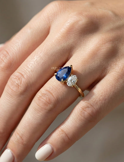 Art Deco Pear Blue Gemstone Toi Et Moi Engagement Ring Engagement Ring