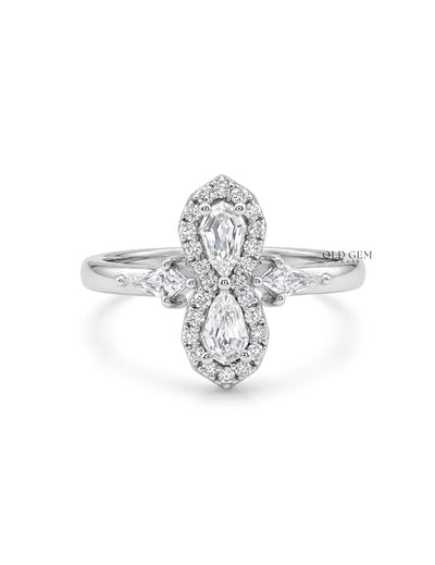 Edwardian Step Cut Pear Two Stone Halo Engagement Ring