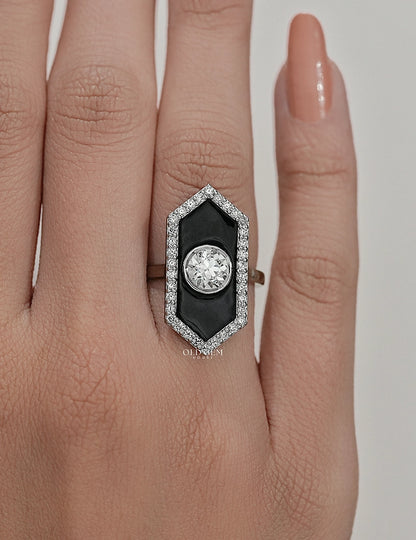 Victorian Style Old European Cut Black Enamel Halo Ring Engagement Ring