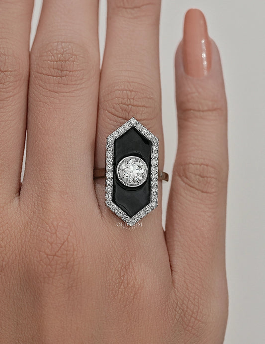 Victorian Style Old European Cut Black Enamel Halo Ring Engagement Ring
